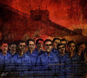 Illustration depicting repression in China’s Uyghur region by Yettesu / Courtesy of Radio Free Asia