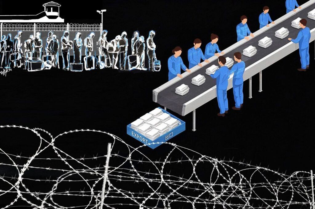 Illustration depicting forced labor involving Uyghurs and its links to manufacturing and supply chains in China. (Illustration: RFA Uyghur Service Digital Team, 2025)