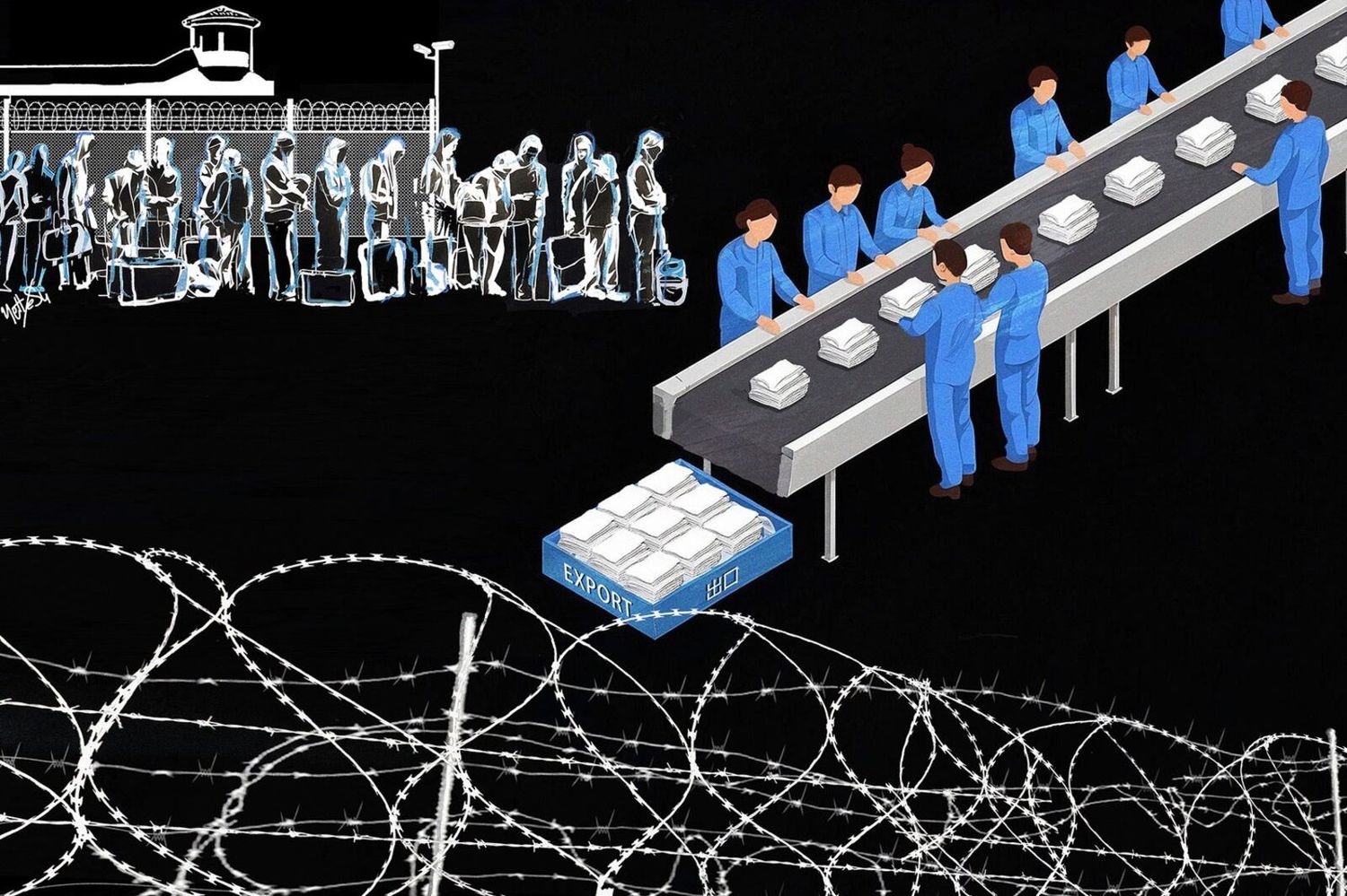 Illustration depicting forced labor involving Uyghurs and its links to manufacturing and supply chains in China. (Illustration: RFA Uyghur Service Digital Team, 2025)